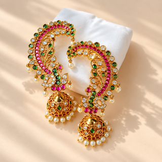 Beatrice multicolour peacock CZ diamond gold finish ear cuff earrings angled display