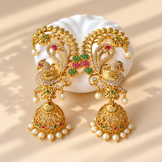 Florence multicolour peacock CZ diamond gold finish ear cuff earrings pair display