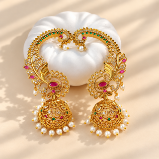 Anvika multicolour CZ diamond gold finish ear cuff jhumka earrings close-up