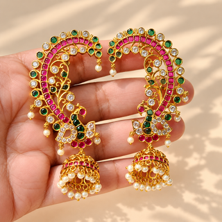 Beatrice multicolour peacock CZ diamond gold finish ear cuff jhumka earrings hand-held scale