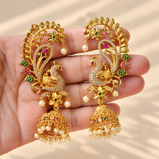 Florence multicolour peacock CZ diamond gold finish ear cuff jhumka earrings front view