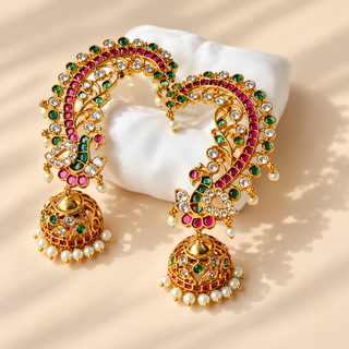 Beatrice multicolour peacock CZ diamond gold finish ear cuff jhumka earrings front display