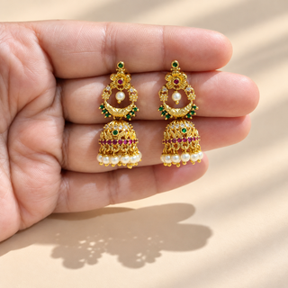Florence multicolour Indian Kemp mini jhumki earrings held in hand showing size