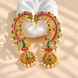 Beatrice multicolour peacock CZ diamond gold finish ear cuff jhumka earrings pair