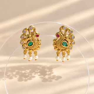 Beatrix multicolour Kemp peacock stud earrings gold finish green pink stones pearl drops