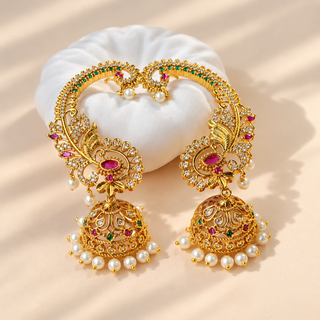 Anvika multicolour CZ diamond gold finish ear cuff jhumka earrings front view