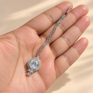 Clara CZ diamond simulant silver finish maang tikka full hand-held view