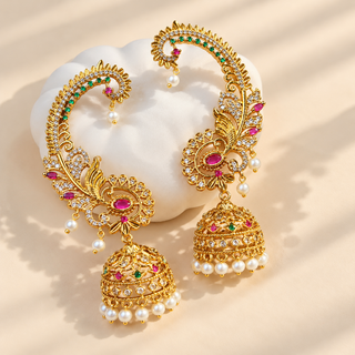 Anvika multicolour CZ diamond gold finish ear cuff earrings angled view