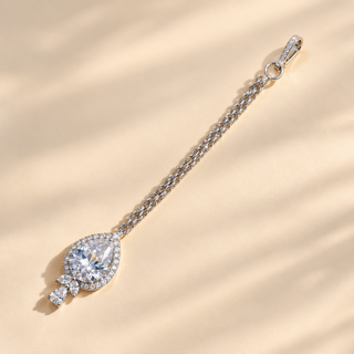 Clara CZ diamond simulant silver finish maang tikka front view
