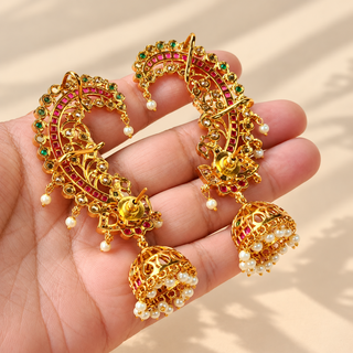 Beatrice multicolour peacock CZ diamond gold finish ear cuff earrings back view