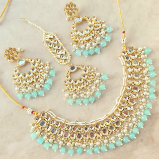 Abigail Light Blue Uncut Kundan Necklace Set with Tikka