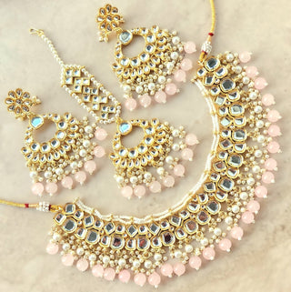 Abigail Light Pink Uncut Kundan Necklace Set with Tikka