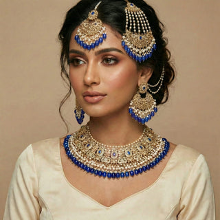 Adele Blue Polki Necklace Set with Maang Tikka & Passa (Jhoomer)