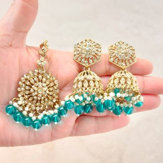 Anushka Teal Blue Polki Choker Necklace Set with Tikka & Passa