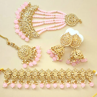 Alisha Light Pink Polki Choker Necklace Set with Tikka & Passa