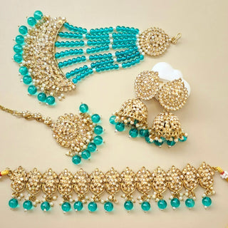 Alisha Teal Blue Polki Choker Necklace Set with Tikka & Passa