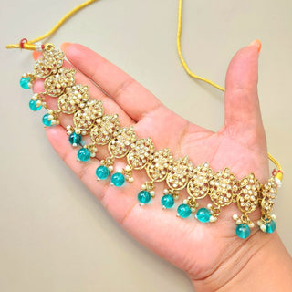 Alisha Teal Blue Polki Choker Necklace Set with Tikka & Passa