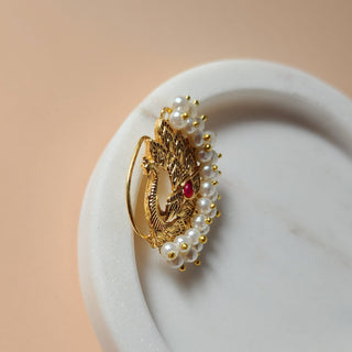 Ally Maharashtrian Red Peacock Gold Nath (no piercing needed)