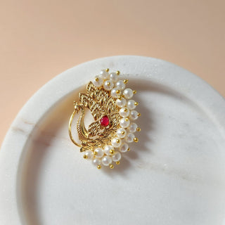 Ally Maharashtrian Red Peacock Gold Nath (no piercing needed)