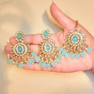 Alyssa Light Blue Polki Necklace Set with Tikka