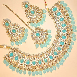 Alyssa Light Blue Polki Necklace Set with Tikka