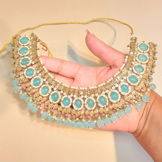 Alyssa Light Blue Polki Necklace Set with Tikka