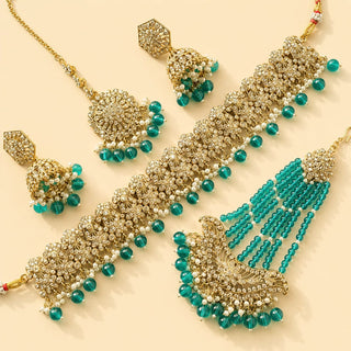Anushka Teal Blue Polki Choker Necklace Set with Tikka & Passa