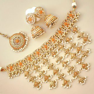 Athena Polki Orange Necklace Set with Tikka