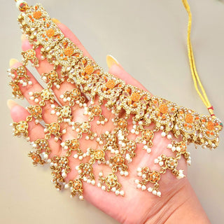 Athena Polki Orange Necklace Set with Tikka