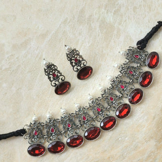 Audrey Red German Silver Necklace Set