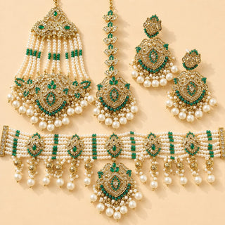 Bianca Green Polki Choker Necklace Set with Tikka & Passa