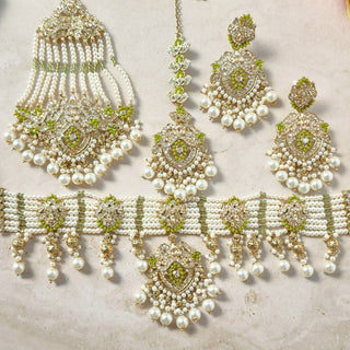 Bianca Mehndi Green Polki Choker Necklace Set with Tikka & Passa