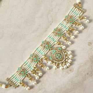 Bianca Mint Green Polki Choker Necklace Set with Tikka & Passa