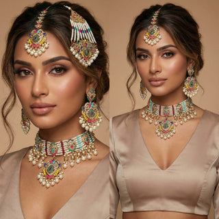 Bianca Multicolour Polki Choker Necklace Set with Tikka & Passa