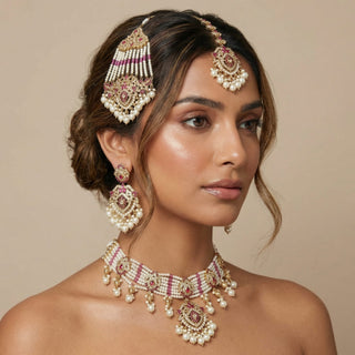 Bianca Purple Polki Choker Necklace Set with Tikka & Passa