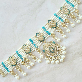 Bianca Teal Blue Polki Choker Necklace Set with Tikka & Passa