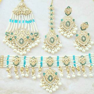 Bianca Teal Blue Polki Choker Necklace Set with Tikka & Passa