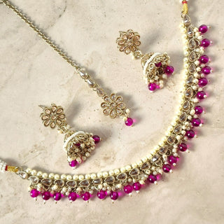 Brenda Purple Polki Necklace Set with Tikka