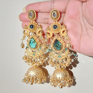 Britney Light Blue Kashmiri Shoulder Duster Jhumka Gold Finish Earrings