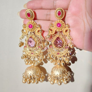 Britney Pink Kashmiri Shoulder Duster Jhumka Gold Finish Earrings
