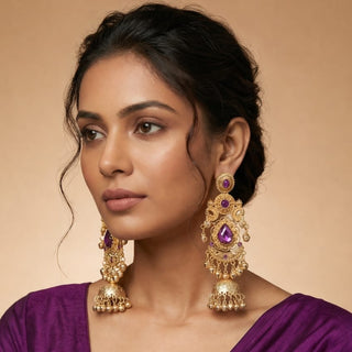 Britney Purple Kashmiri Shoulder Duster Jhumka Gold Finish Earrings