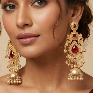 Britney Red Kashmiri Shoulder Duster Jhumka Gold Finish Earrings