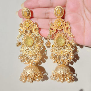 Britney Yellow Kashmiri Shoulder Duster Jhumka Gold Finish Earrings