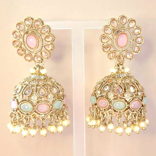 Callie Mint Green and Pink Polki Jhumka Earrings