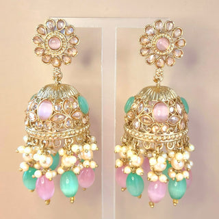 Claire Mint Green and Pink Polki Jhumka Earrings
