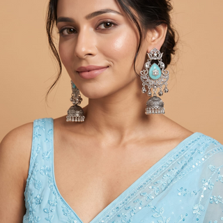 Cressida Light Blue German Silver Kundan Jhumka Earrings