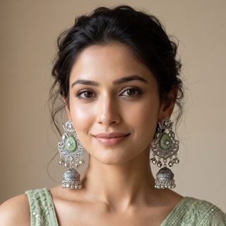 Cressida Light Green German Silver Kundan Jhumka Earrings