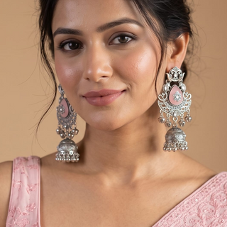 Cressida Light Pink German Silver Kundan Jhumka Earrings