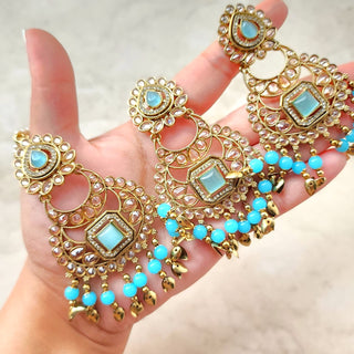 Dakota Light Blue Polki Necklace Set with Tikka