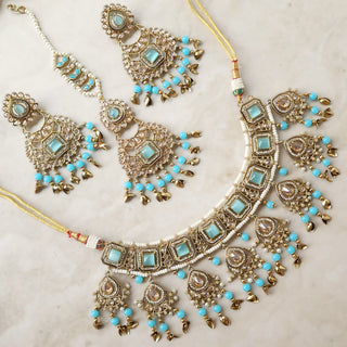 Dakota Light Blue Polki Necklace Set with Tikka